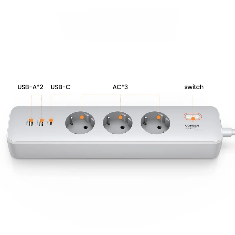 Przedłużacz Ugreen CD286 3x AC 2x USB-A 1x USB-C 30W z włącznikiem - biały - obrazek 2