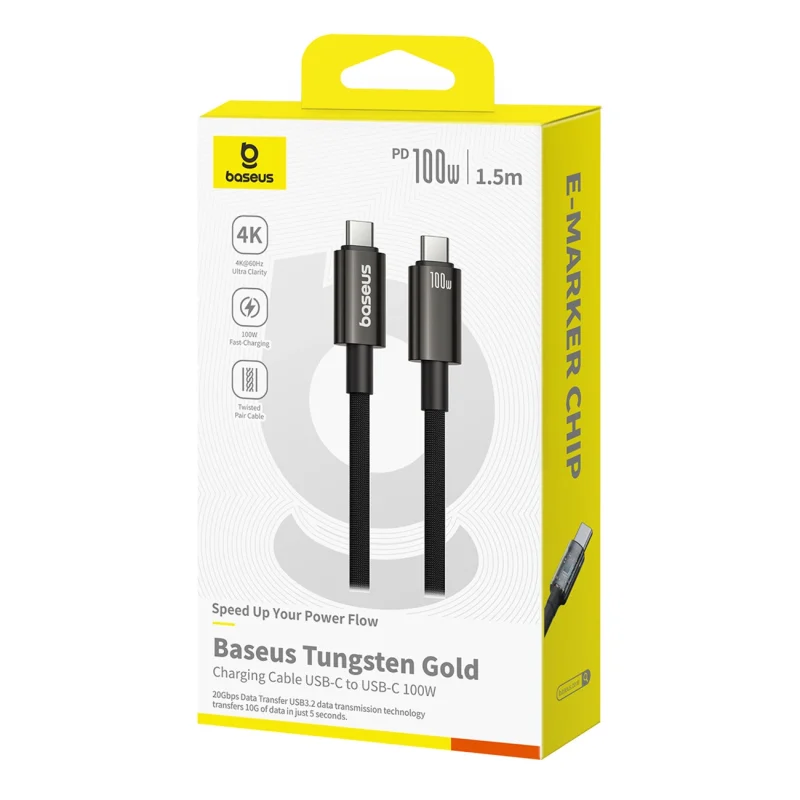 Kabel Baseus Tungsten Gold USB-C 3.2 / USB-C 3.2 100W 4K 60Hz 1.5m - czarny - obrazek 7