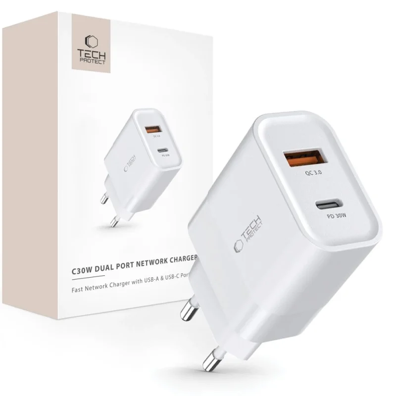 Ładowarka Tech-Protect C30W sieciowa USB-C PD 30W / USB-A QC 3.0 - biała