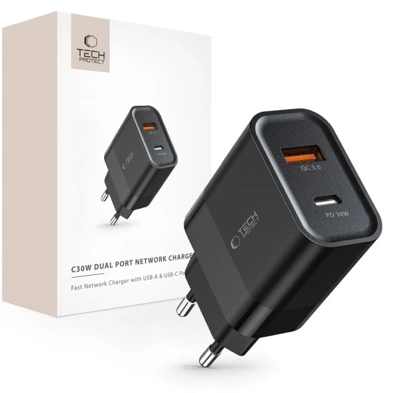 Ładowarka Tech-Protect C30W sieciowa USB-C PD 30W / USB-A QC 3.0 - czarna