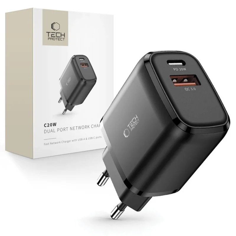 Ładowarka Tech-Protect C20W sieciowa USB-C PD 20W / USB-A QC 3.0 - czarna