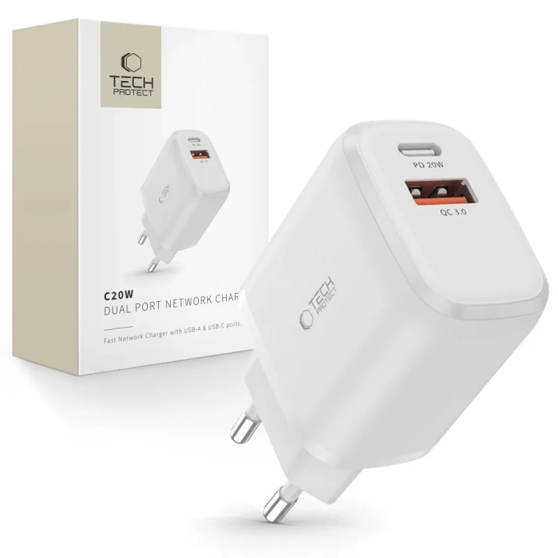 Ładowarka Tech-Protect C20W sieciowa USB-C PD 20W / USB-A QC 3.0 - biała