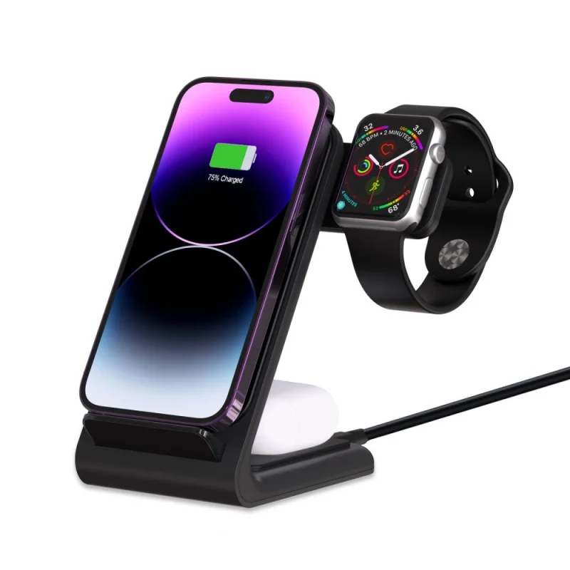 Ładowarka Tech-Protect QI15W-A20 indukcyjna ze stojakiem 3w1 na smartfon / słuchawki / Apple Watch - czarna - obrazek 2