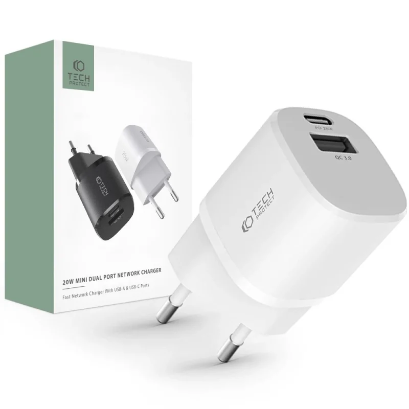 Ładowarka Tech-Protect C20W sieciowa mini USB-C PD 20W / USB-A QC 3.0 - biała