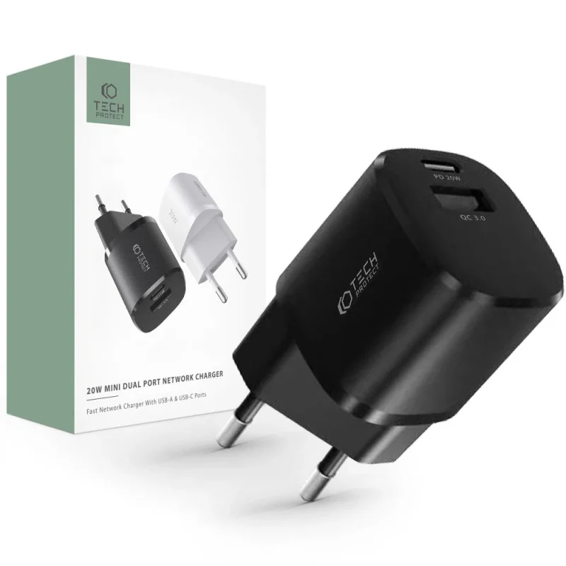 Ładowarka Tech-Protect C20W sieciowa mini USB-C PD 20W / USB-A QC 3.0 - czarna