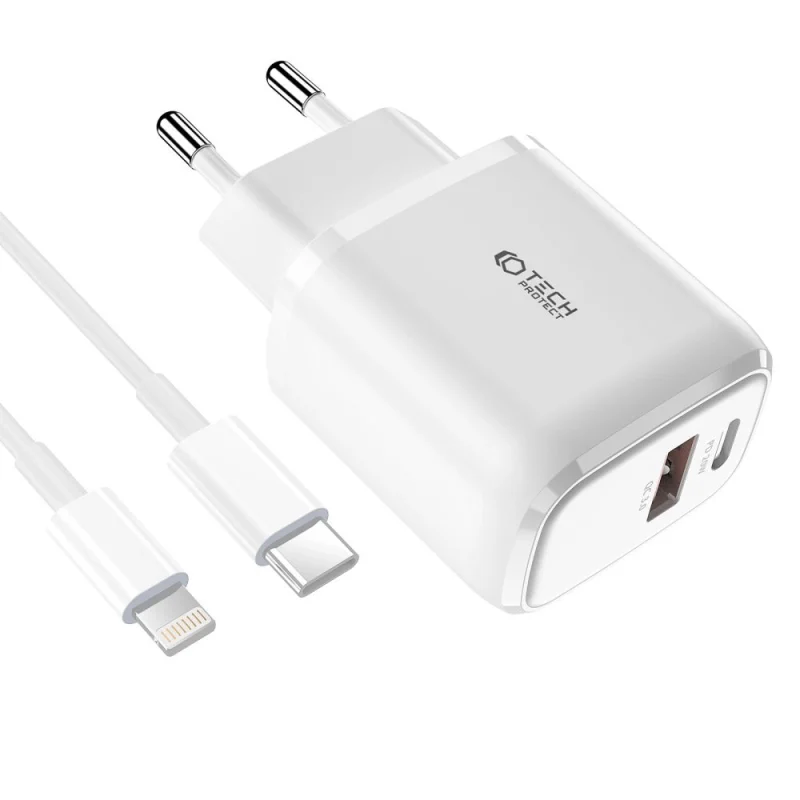 Ładowarka Tech-Protect C20W sieciowa USB-C PD 20W / USB-A QC 3.0 z kablem USB-C / Lightning - biała - obrazek 2