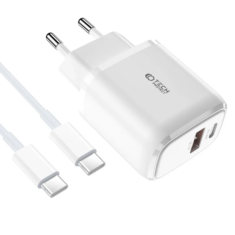 Ładowarka Tech-Protect C20W sieciowa USB-C PD 20W / USB-A QC 3.0 z kablem USB-C / USB-C - biała - obrazek 2