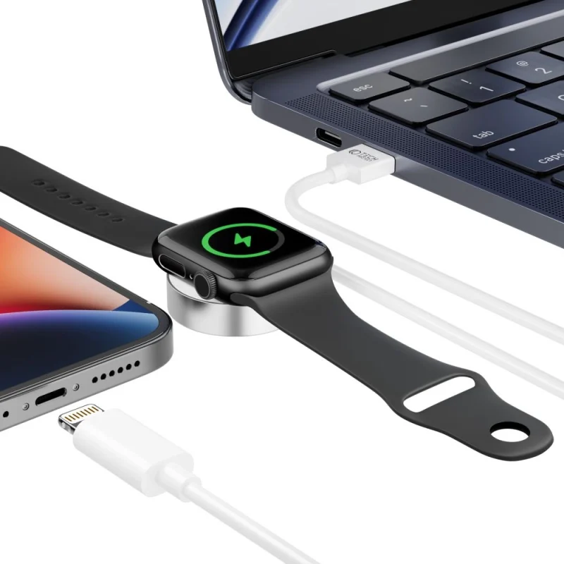 Ładowarka Tech-Protect UltraBoost 2w1 magnetyczna z kablami USB-C / Lightning do Apple Watch 1.5m - biała - obrazek 4