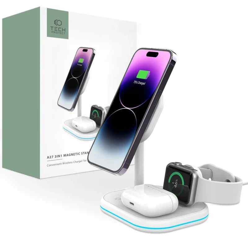 Ładowarka Tech-Protect QI15W-A27 indukcyjna 3w1 ze stojakiem z MagSafe na smartfon / Apple Watch / AirPods - biała