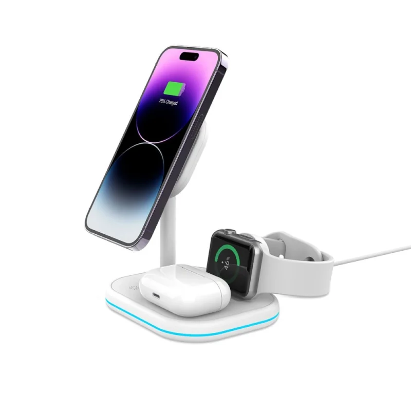 Ładowarka Tech-Protect QI15W-A27 indukcyjna 3w1 ze stojakiem z MagSafe na smartfon / Apple Watch / AirPods - biała - obrazek 2