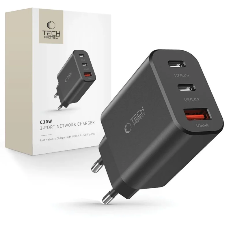 Ładowarka Tech-Protect NC30W sieciowa 2x USB-C PD 30W / USB-A QC 3.0 - czarna