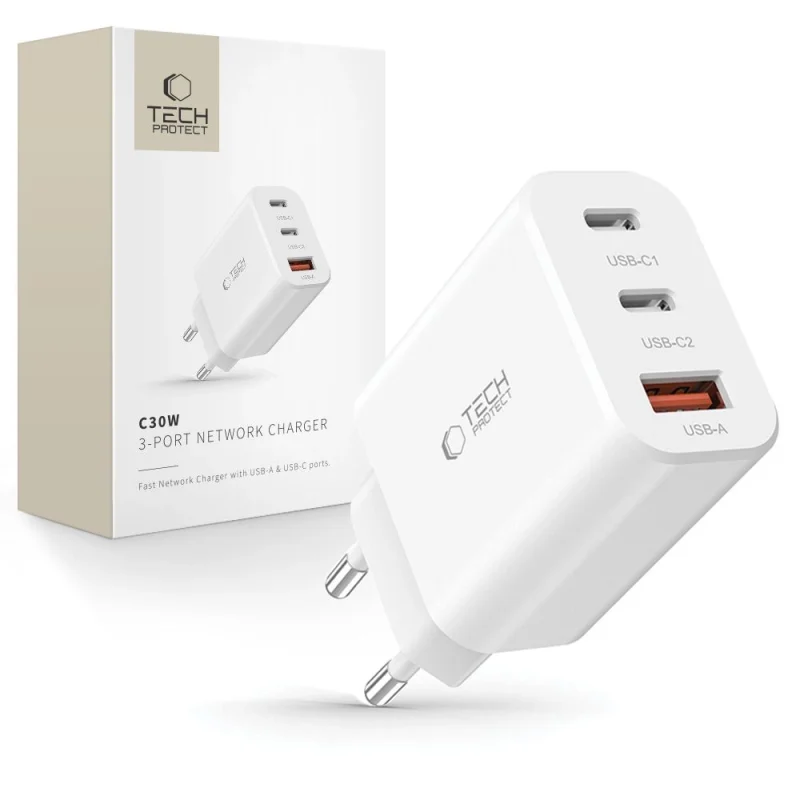 Ładowarka Tech-Protect NC30W sieciowa 2x USB-C PD 30W / USB-A QC 3.0 - biała