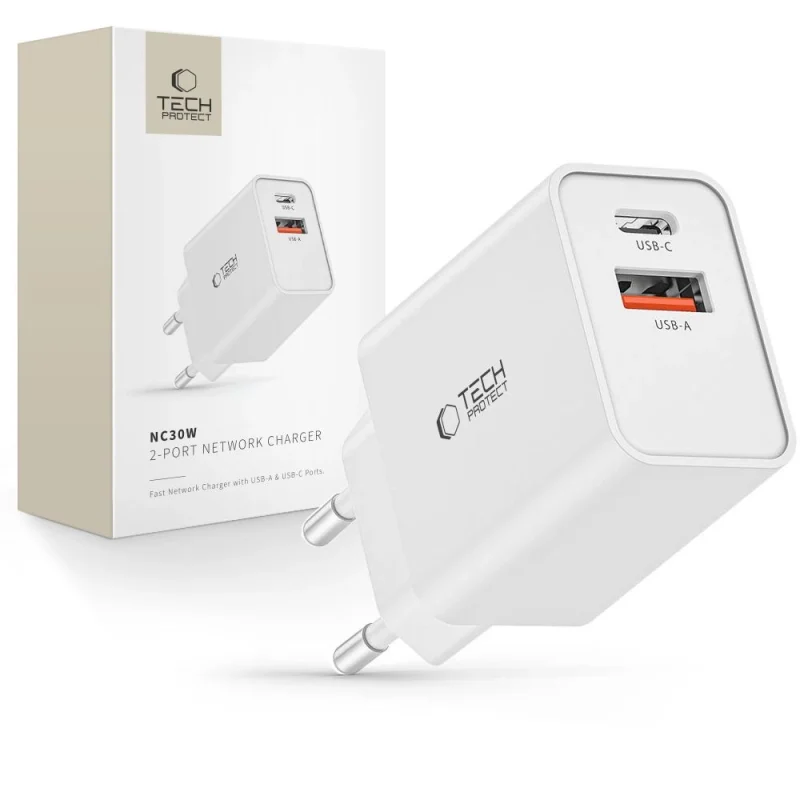 Ładowarka Tech-Protect NC30W sieciowa USB-C PD 30W / USB-A QC 3.0 - biała