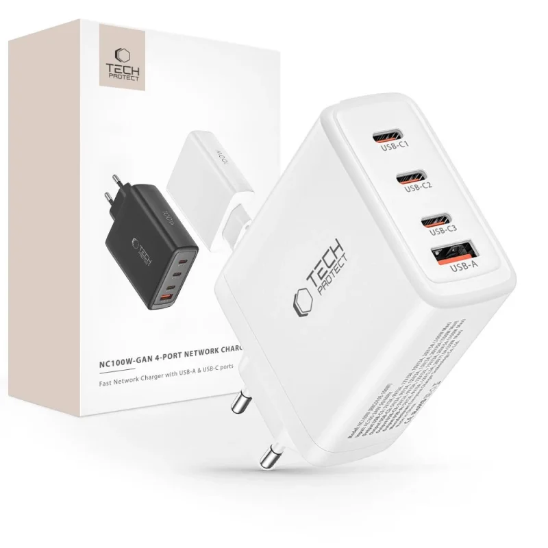 Ładowarka Tech-Protect NC100W-GAN sieciowa GaN 3x USB-C PD 100W / USB-A QC 3.0 - biała