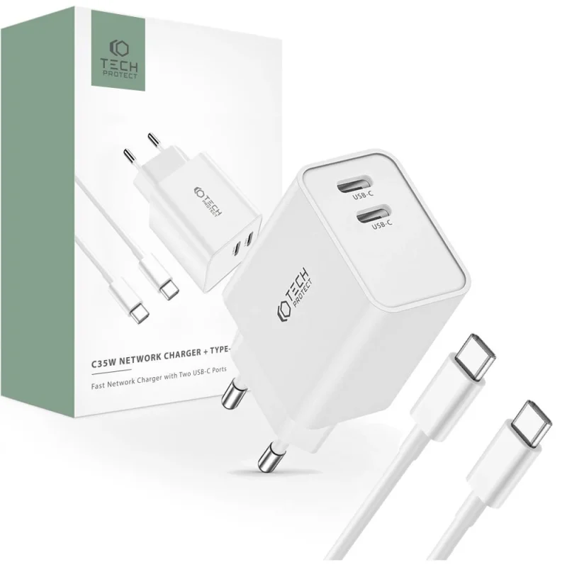 Ładowarka Tech-Protect C35W sieciowa 2x USB-C PD 35W z kablem USB-C / USB-C - biała