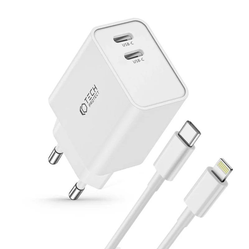 Ładowarka Tech-Protect C35W sieciowa 2x USB-C PD 35W z kablem USB-C / Lightning - biała - obrazek 2