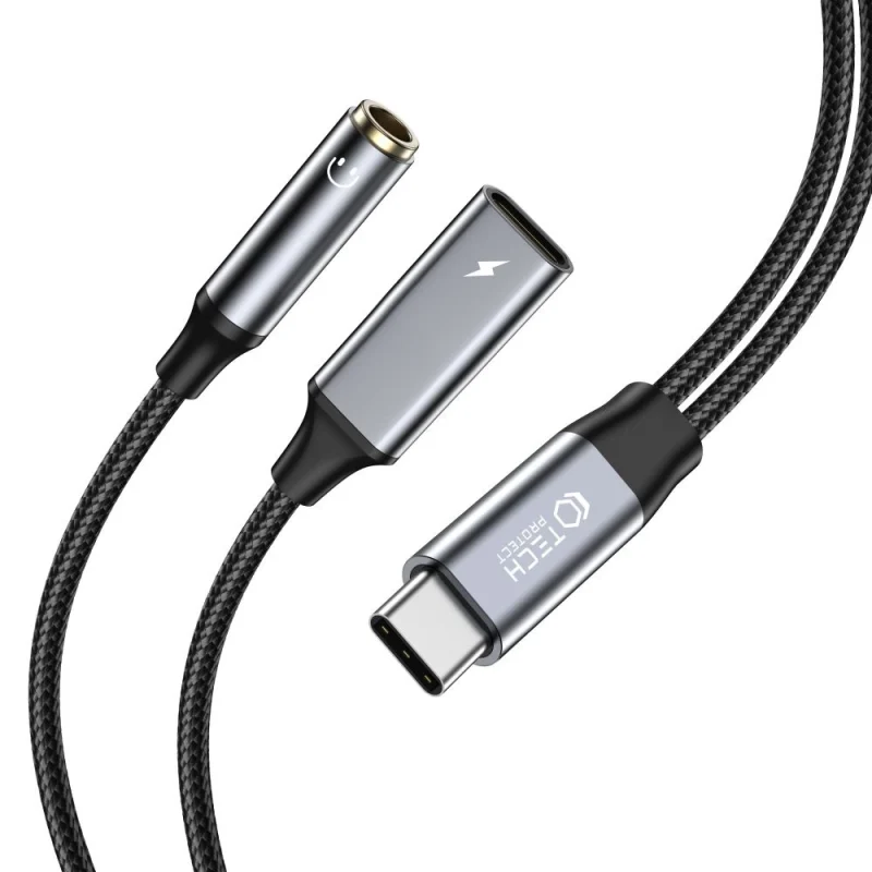 Kabel Tech-Protect UltraBoost USB-C (męski) PD 60W 6A / mini jack 3.5mm (żeński) - USB-C (żeński) - czarny