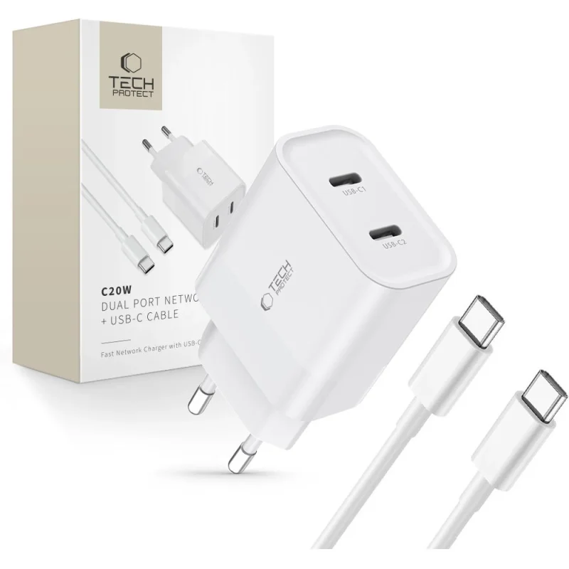 Ładowarka Tech-Protect C20W sieciowa 2x USB-C PD 20W z kablem USB-C / USB-C - biała