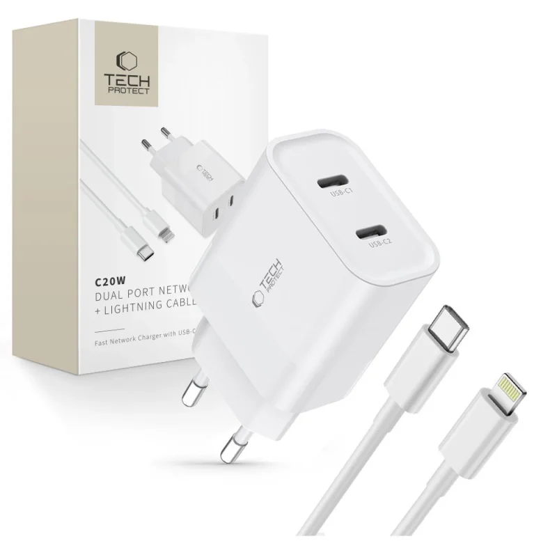 Ładowarka Tech-Protect C20W sieciowa 2x USB-C PD 20W z kablem Lightning / USB-C - biała