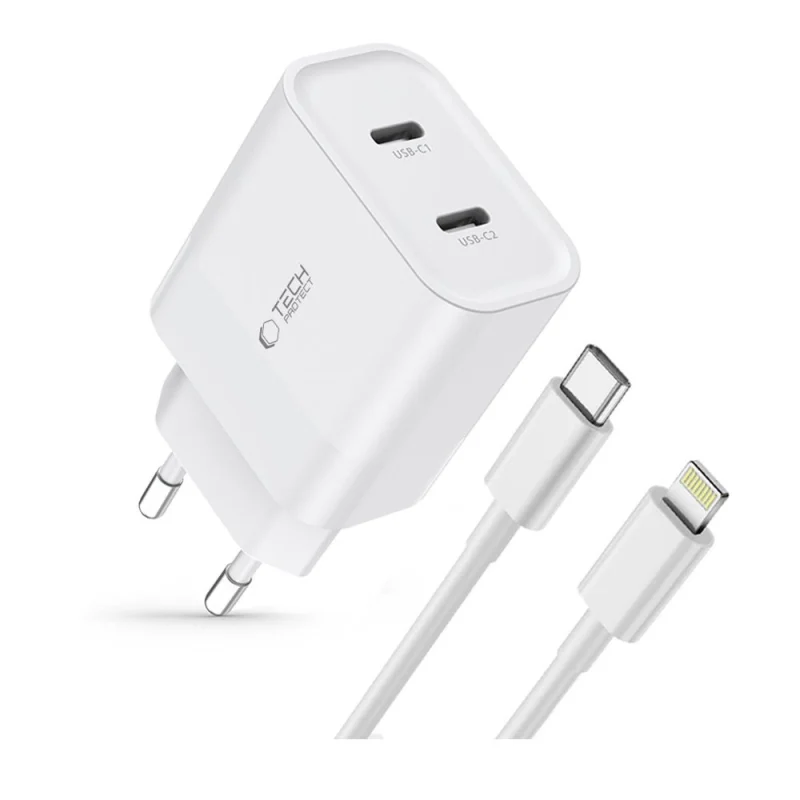 Ładowarka Tech-Protect C20W sieciowa 2x USB-C PD 20W z kablem Lightning / USB-C - biała - obrazek 2