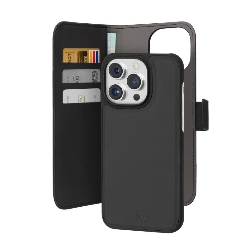 Etui z ekoskóry Puro Wallet Detachable MagSafe 2w1 z klapką i portfelem do iPhone 15 Pro - czarne