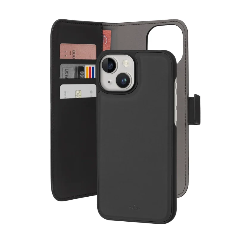 Etui z ekoskóry Puro Wallet Detachable MagSafe 2w1 z klapką i portfelem do iPhone 15 - czarne