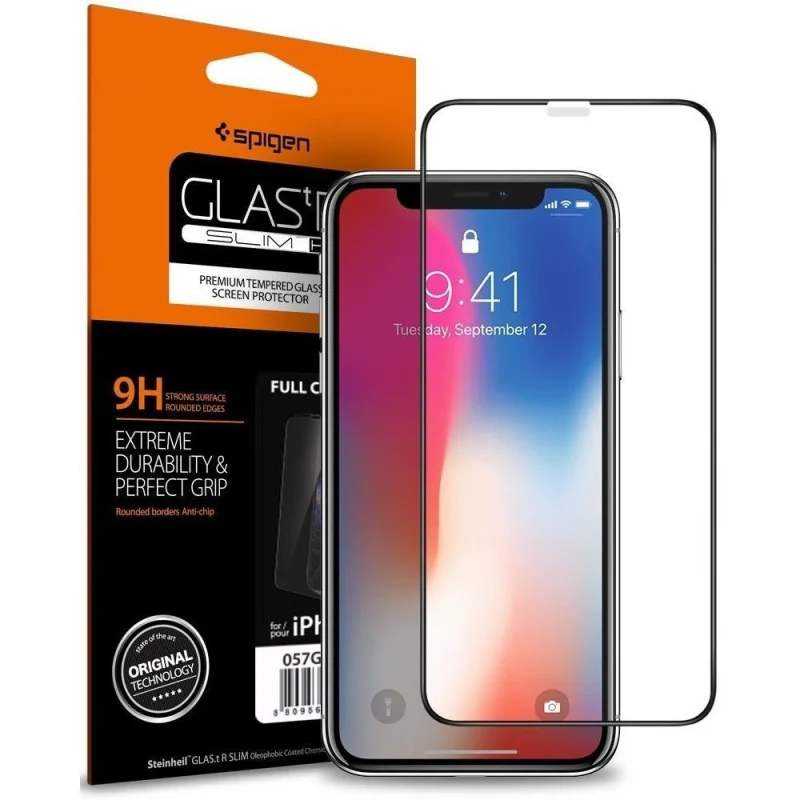 Szkło hartowane Spigen Glass FC z czarną ramką na iPhone X / XS / 11 Pro