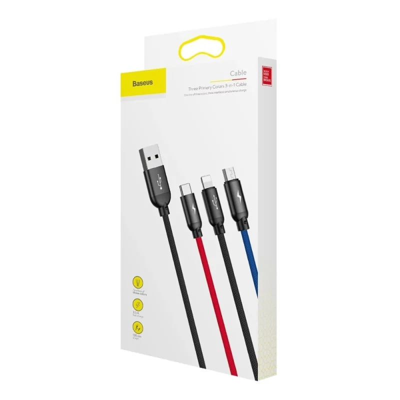 Kabel Baseus Three Primary Colors 3w1 USB-A - micro USB / Lightning / USB-C 3.5A 1,2 m - czarny - obrazek 8