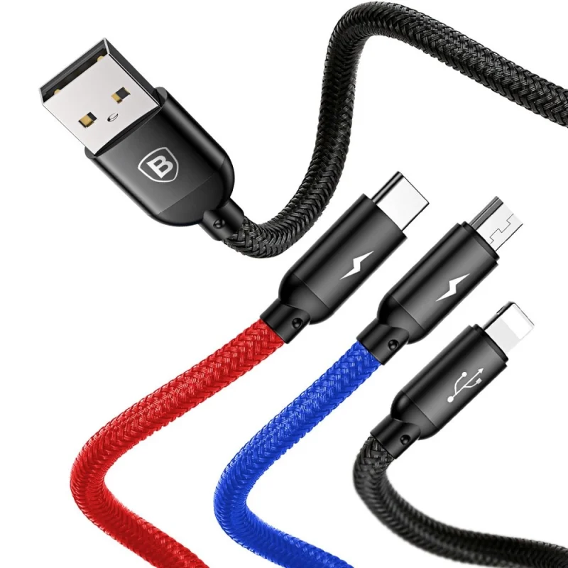 Kabel Baseus Three Primary Colors 3w1 USB-A - micro USB / Lightning / USB-C 3.5A 1,2 m - czarny - obrazek 13