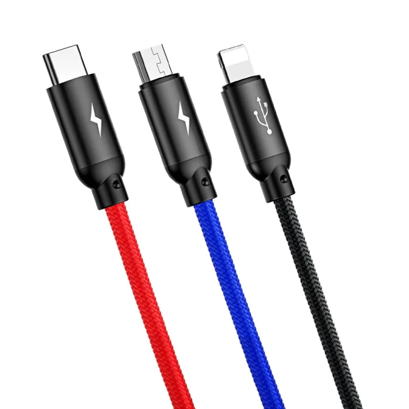 Kabel Baseus Three Primary Colors 3w1 USB-A - micro USB / Lightning / USB-C 3.5A 1,2 m - czarny - obrazek 2