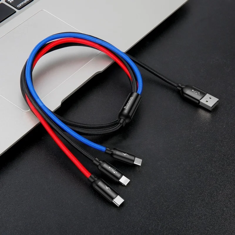 Kabel Baseus Three Primary Colors 3w1 USB-A - micro USB / Lightning / USB-C 3.5A 1,2 m - czarny - obrazek 9