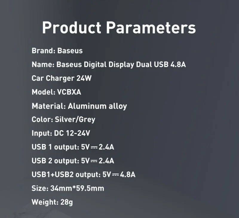 Baseus ładowarka samochodowa 2x USB 4,8A 24W z LCD szary (CCBX-0G) - obrazek 14