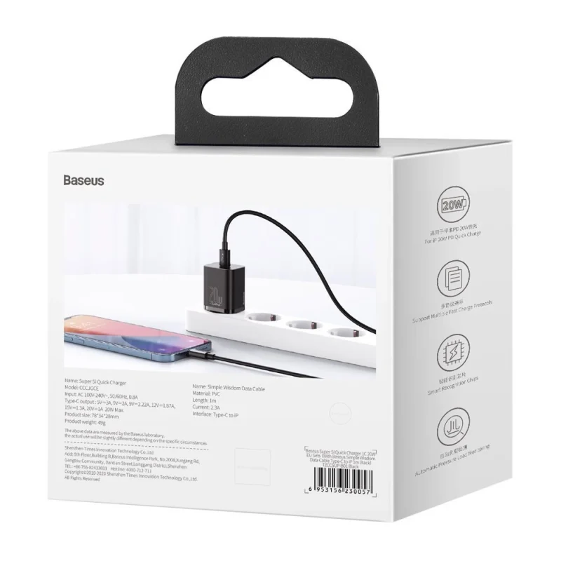 Baseus Super Si 1C szybka ładowarka USB Typ C 20W Power Delivery + kabel USB Typ C - Lightning 1m czarny (TZCCSUP-B01) - obrazek 6