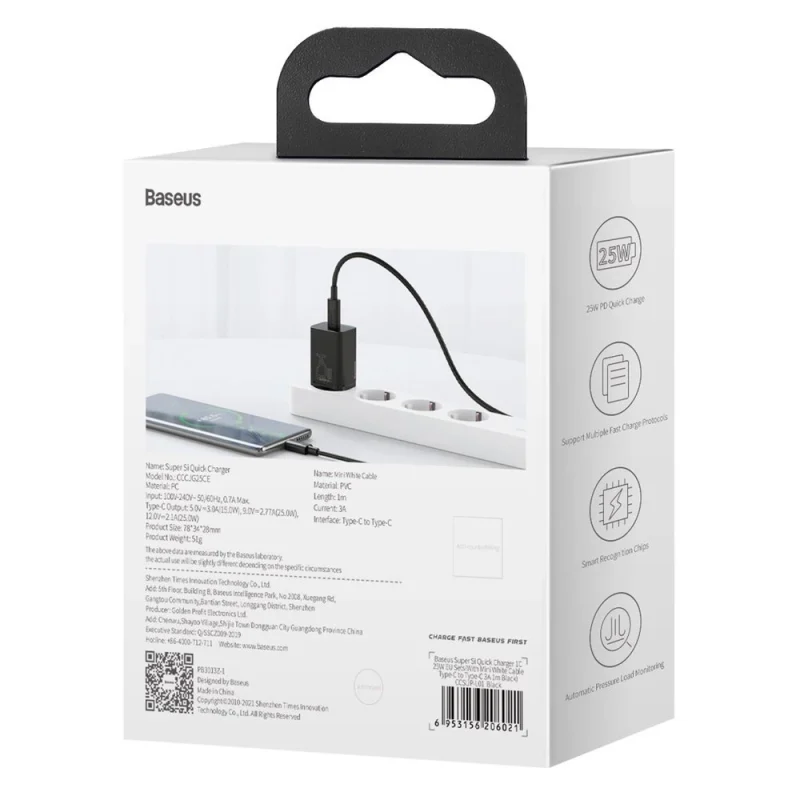 Baseus Super Si szybka ładowarka sieciowa Quick Charge 3.0 Power Delivery 25W 3A + Kabel USB Typ C - USB Typ C 3A 1m czarny (TZCCSUP-L01) - obrazek 6