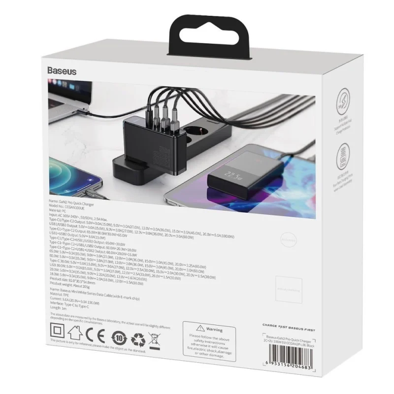 Baseus GaN2 Pro szybka ładowarka sieciowa 100W USB / USB Typ C Quick Charge 4+ Power Delivery czarny (CCGAN2P-L01) - obrazek 6