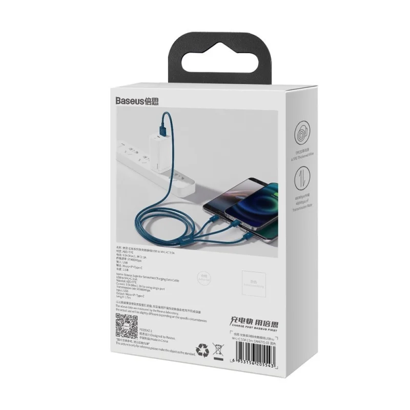 Baseus Superior 3w1 kabel USB - Lightning / USB Typ C / micro USB 3,5 A 1,5 m niebieski (CAMLTYS-03) - obrazek 6