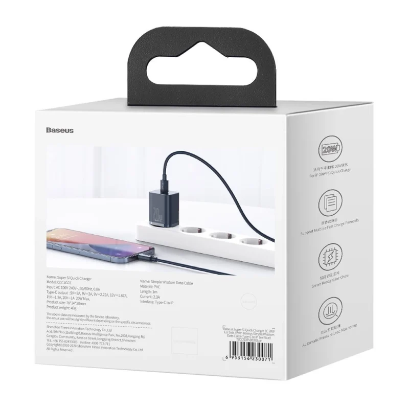 Baseus Super Si 1C szybka ładowarka USB Typ C 20W Power Delivery + kabel USB Typ C - Lightning 1m niebieski (TZCCSUP-B03) - obrazek 6