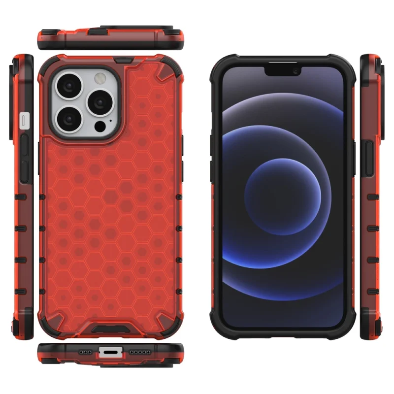 Honeycomb etui pancerny pokrowiec z żelową ramką iPhone 13 Pro czerwony - obrazek 2