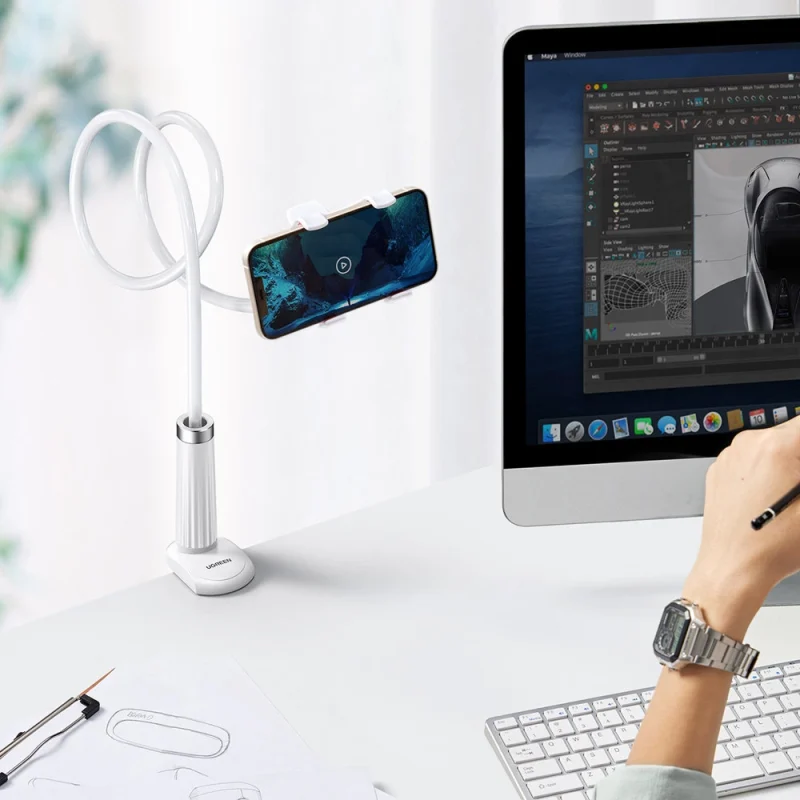 Ugreen uniwersalny uchwyt stojak podstawka na telefon tablet (do 12cm szerokości) statyw lazy holder z elastycznym ramieniem biały (30488 LP113) - obrazek 9