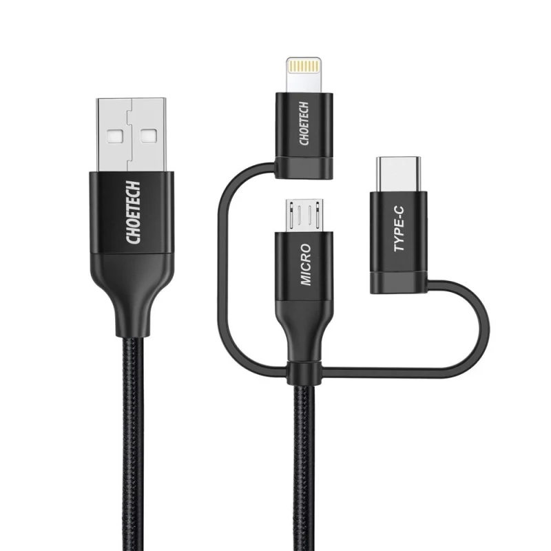 Choetech 3w1 kabel USB MFI Lightning / USB Typ C / micro USB (ładowanie 3A / przesyłanie danych 480 Mbps) 1,2 m czarny (IP0030-BK) - obrazek 2