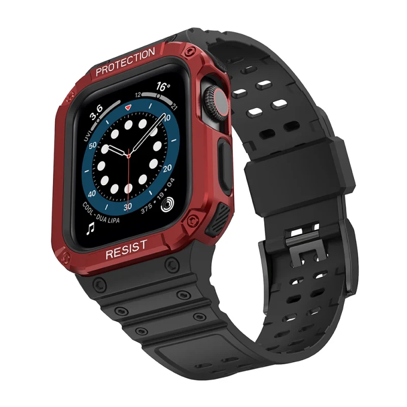 Protect Strap Band opaska z etui do Apple Watch 7 / 6 / 5 / 4 / 3 / 2 / SE (41 / 40 / 38mm) obudowa pancerny pokrowiec na zegarek czarny / czerwony - obrazek 2