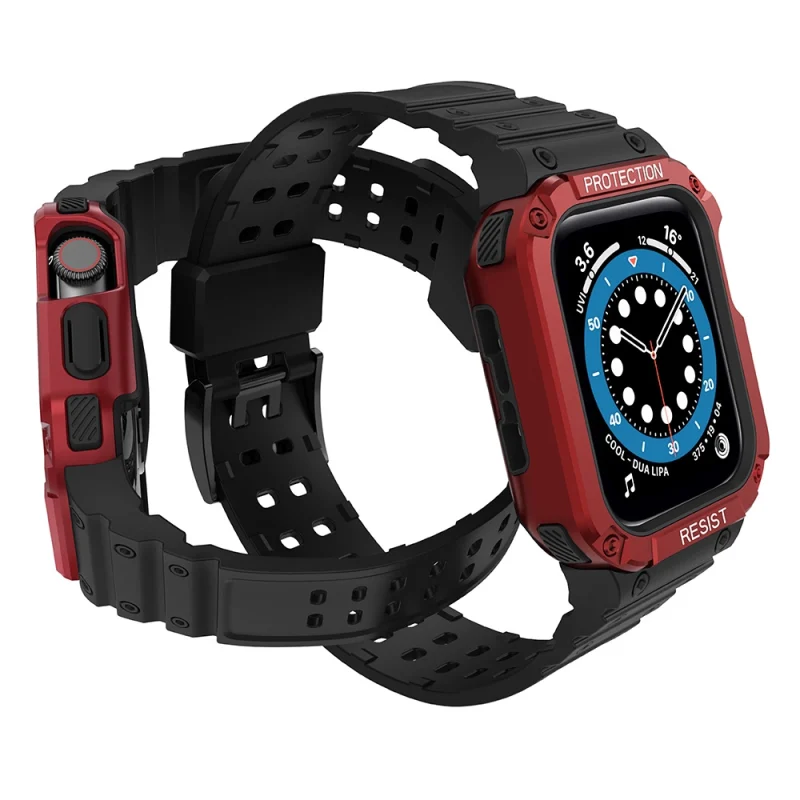 Protect Strap Band opaska z etui do Apple Watch 7 / 6 / 5 / 4 / 3 / 2 / SE (41 / 40 / 38mm) obudowa pancerny pokrowiec na zegarek czarny / czerwony - obrazek 3