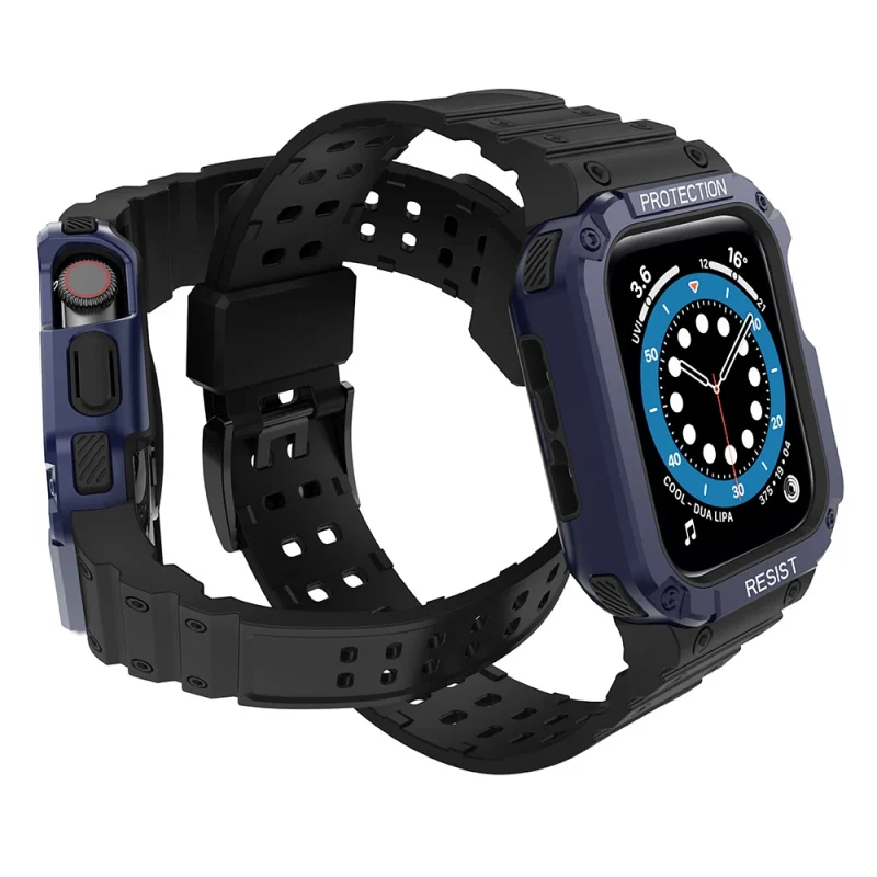 Protect Strap Band opaska z etui do Apple Watch 7 / 6 / 5 / 4 / 3 / 2 / SE (41 / 40 / 38mm) obudowa pancerny pokrowiec na zegarek czarny / niebieski - obrazek 3