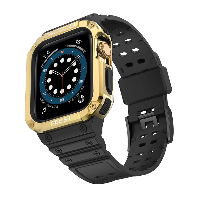 Protect Strap Band opaska z etui do Apple Watch 7 / 6 / 5 / 4 / 3 / 2 / SE (41 / 40 / 38mm) obudowa pancerny pokrowiec na zegarek czarny / złoty - obrazek 2