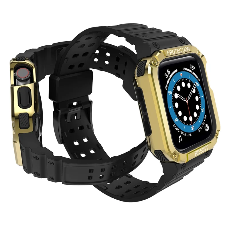 Protect Strap Band opaska z etui do Apple Watch 7 / 6 / 5 / 4 / 3 / 2 / SE (41 / 40 / 38mm) obudowa pancerny pokrowiec na zegarek czarny / złoty - obrazek 3