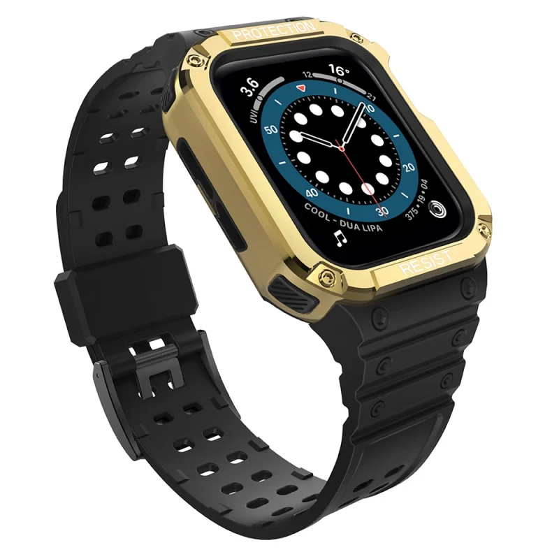 Protect Strap Band opaska z etui do Apple Watch 7 / 6 / 5 / 4 / 3 / 2 / SE (41 / 40 / 38mm) obudowa pancerny pokrowiec na zegarek czarny / złoty