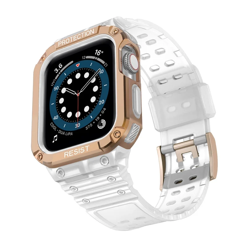 Protect Strap Band opaska z etui do Apple Watch 7 / 6 / 5 / 4 / 3 / 2 / SE (41 / 40 / 38mm) obudowa pancerny pokrowiec na zegarek przezroczysty / różowe złoto - obrazek 2