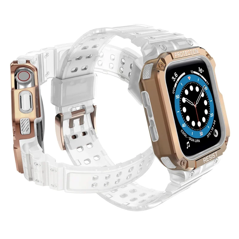 Protect Strap Band opaska z etui do Apple Watch 7 / 6 / 5 / 4 / 3 / 2 / SE (41 / 40 / 38mm) obudowa pancerny pokrowiec na zegarek przezroczysty / różowe złoto - obrazek 3