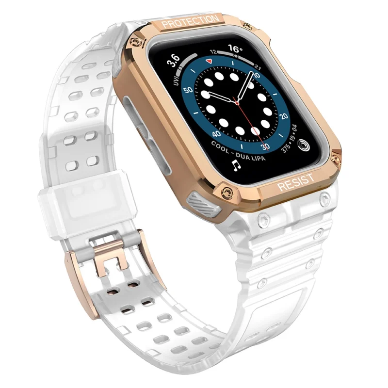 Protect Strap Band opaska z etui do Apple Watch 7 / 6 / 5 / 4 / 3 / 2 / SE (41 / 40 / 38mm) obudowa pancerny pokrowiec na zegarek przezroczysty / różowe złoto