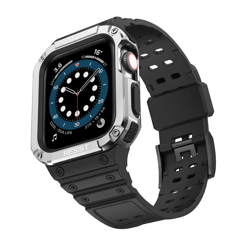 Protect Strap Band opaska z etui do Apple Watch 7 / 6 / 5 / 4 / 3 / 2 / SE (41 / 40 / 38mm) obudowa pancerny pokrowiec na zegarek czarny / srebrny - obrazek 2